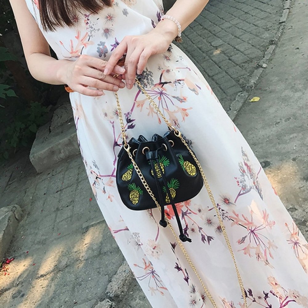 Pineapple Embroidered Chain String Bucket Bag Messenger Crossbody Purse